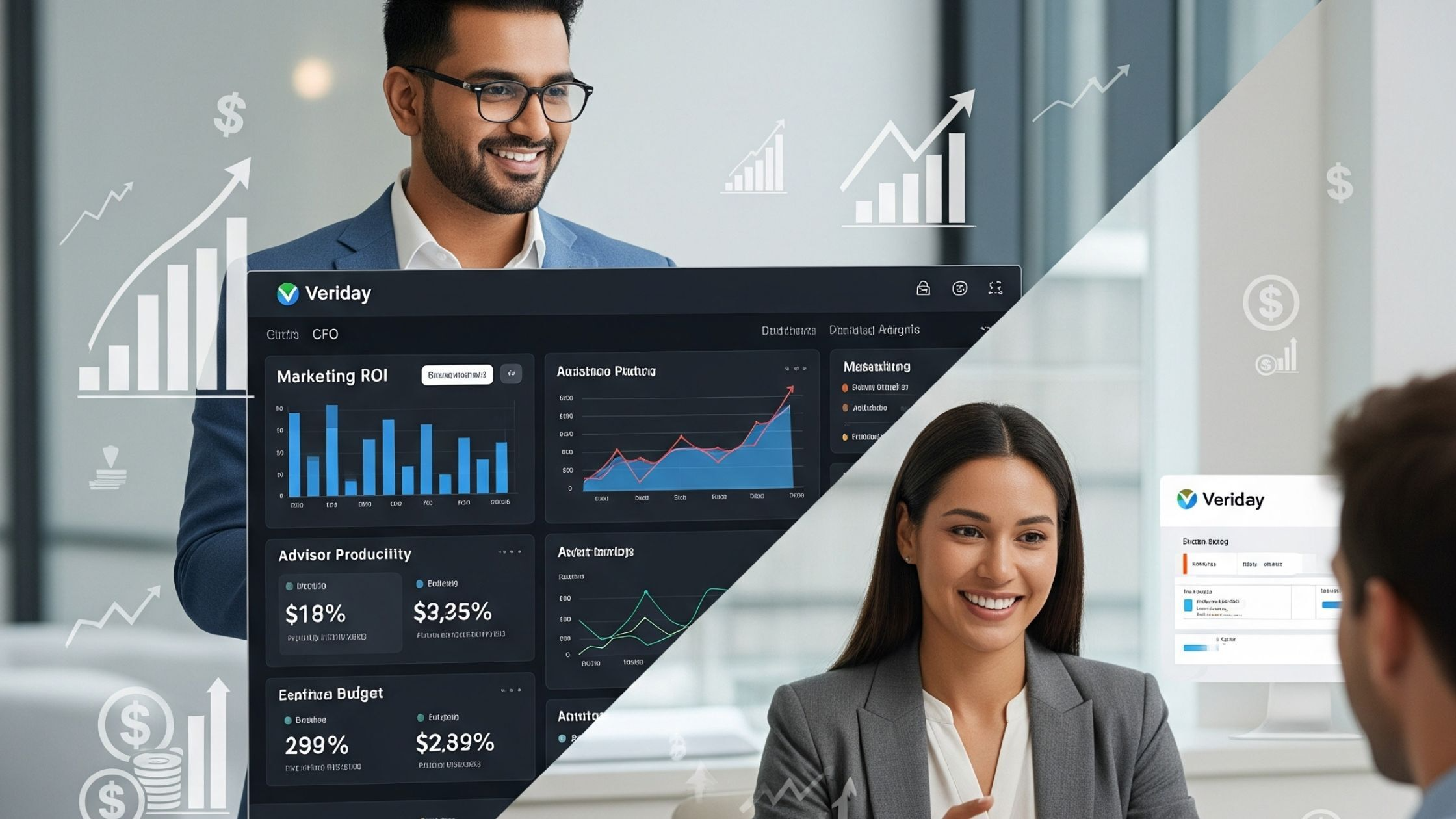 CFO analyzing marketing performance metrics for financial advisor practice growth using Digital Agent platform