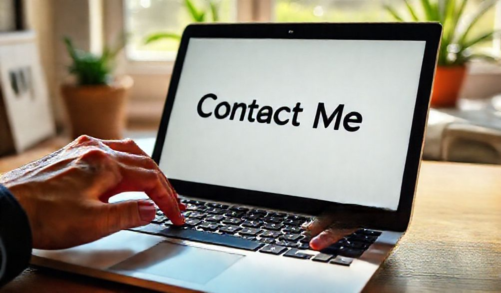hands on a laptop that says contact me on the screen