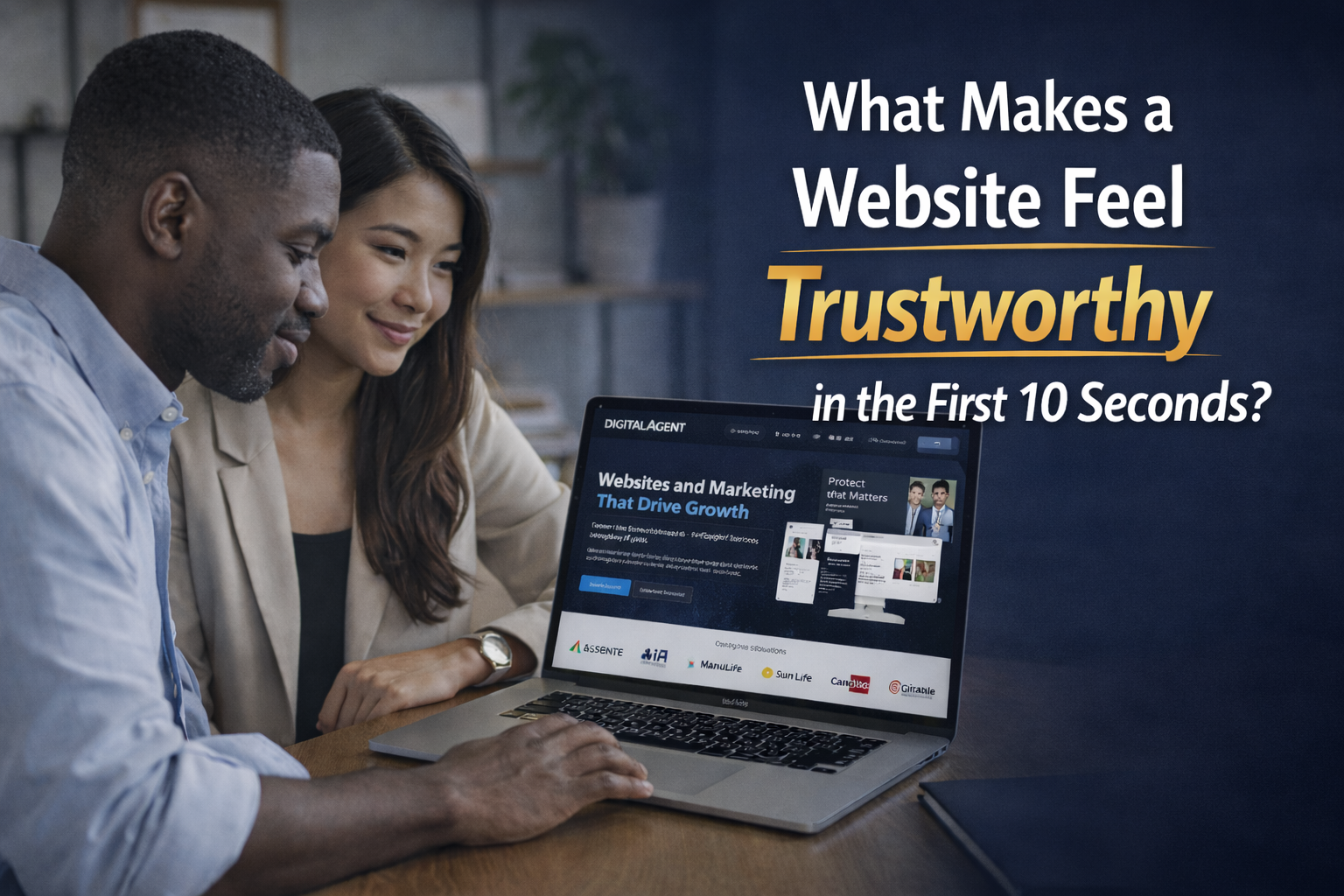 Two professionals sit at a table looking at a laptop displaying a website homepage, beside large overlaid text that reads, “What Makes a Website Feel Trustworthy in the First 10 Seconds?” with “Trustworthy” highlighted in yellow.