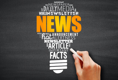 A graphic of a bulb with words such as News, newsletter, facts and article