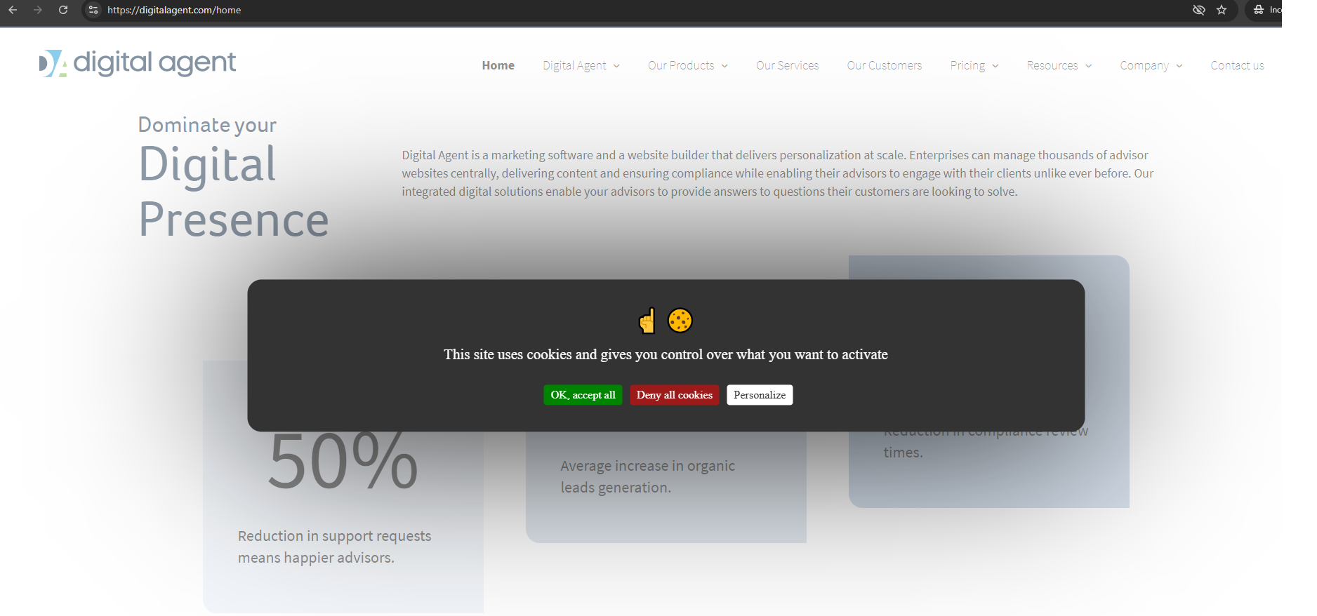 Sample of Standard Cookie Compliance on the Digital Agent Website