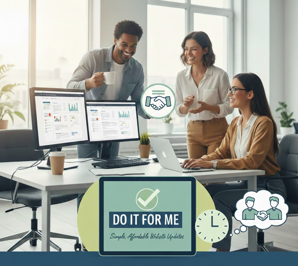 Three professionals, a man and two women working together at their office desk with two monitors turned on and displaying website statistics.