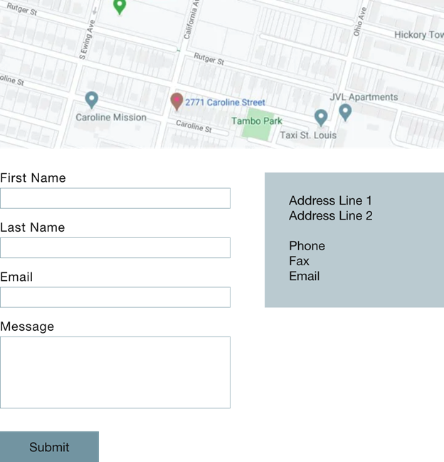 A contact page with a map, contact form and contact details
